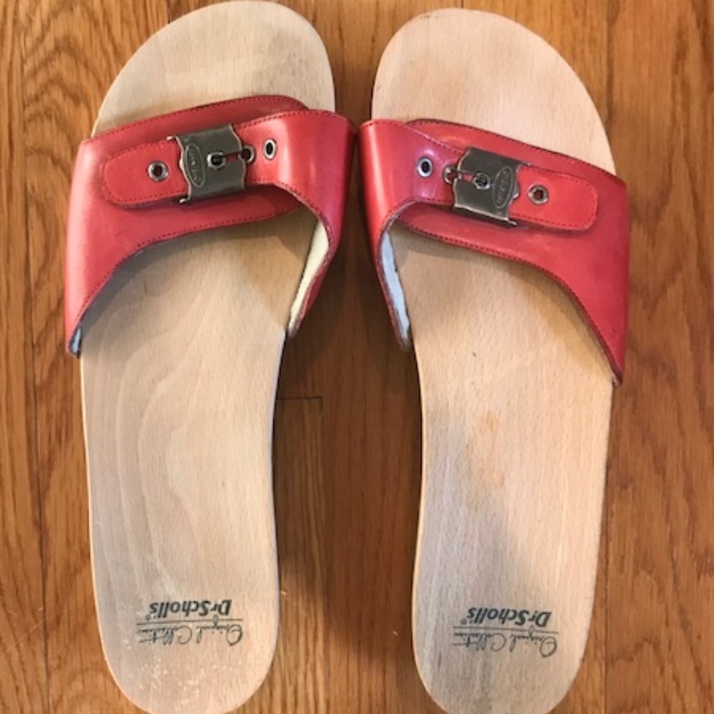 DrScholls Original red leather wood slide sandal 9